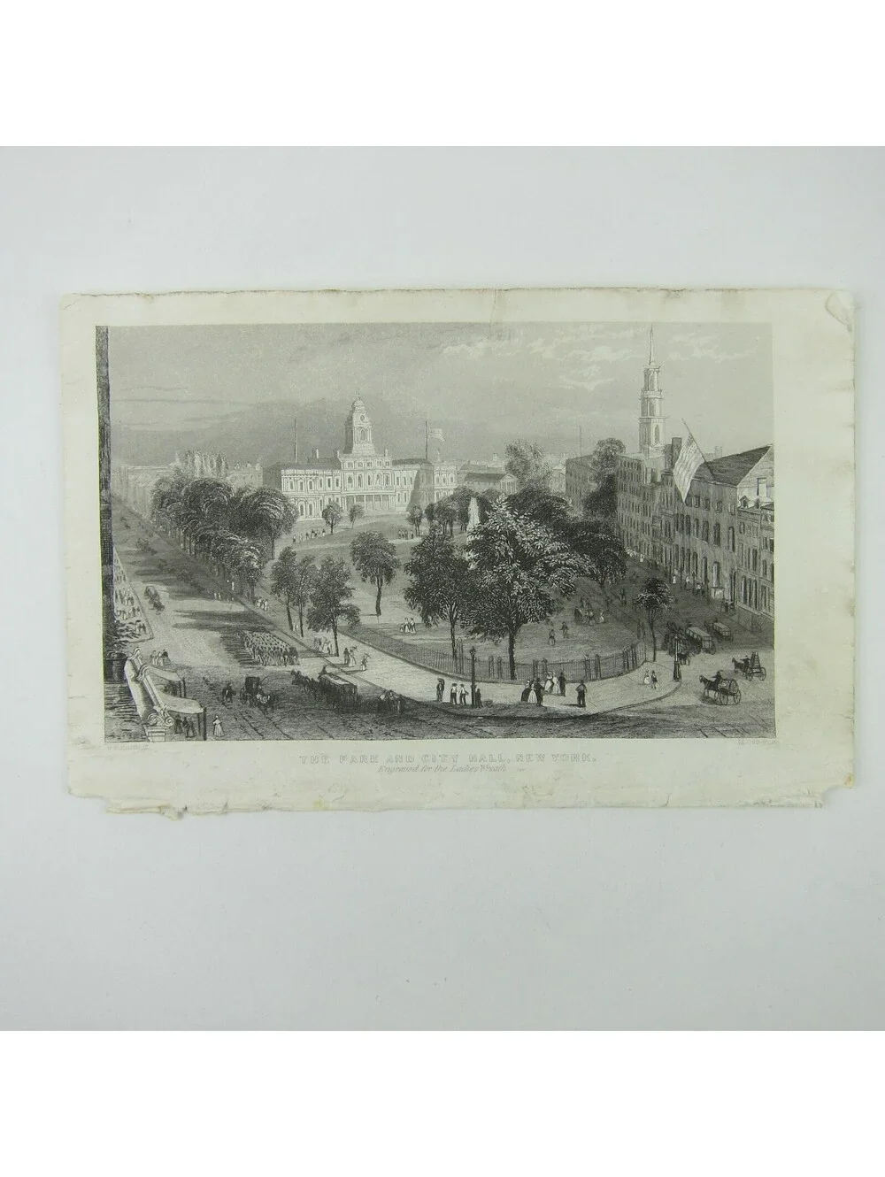 Antique Engraving Print Park & City Hall New York City For Ladies Wreath c1850